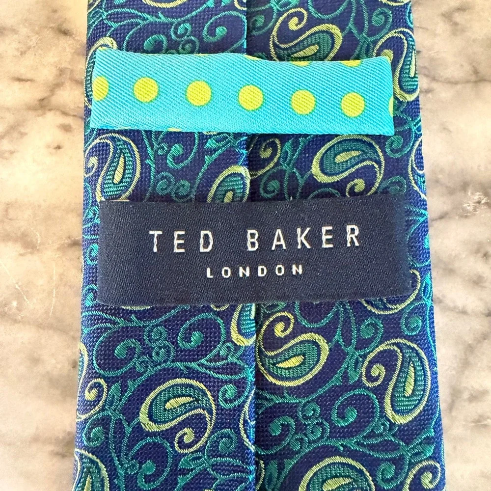Ted Baker London‎ Men's  Blue Green Yellow Paisley Polka Dot 100% Silk Necktie